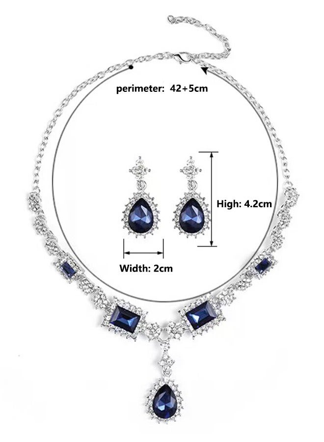 Blue Artificial Gemstone Necklace Earrings Set Banquet Collarbone Chain Bridal Accessory - Image 2