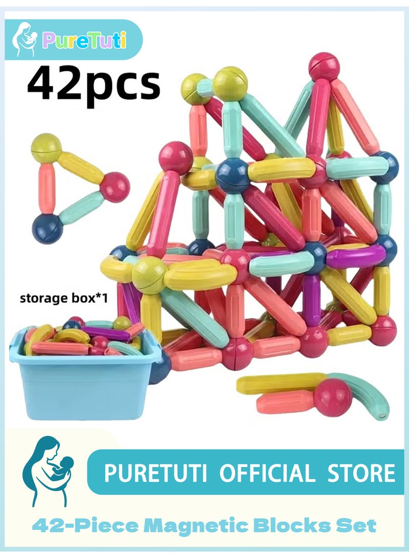 PureTuti 42 PCS Magnetic Building Toys for Kids, Magnet Blocks Sticks & Ball Creativity Game, educational toys，Development Kit for Preschool Girls, Boys Ideal Gift Set, Including Storage Box - Image 1