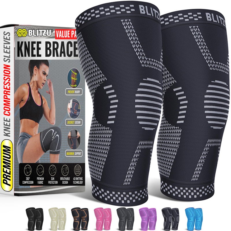 BLITZU Knee Brace for Meniscus Tear 2 Pack Knee Compression Sleeve for Men and Women Knee Support for Arthritis Swelling Inflammation ACL Pain Relief Running Workout Sports and Recovery Jet Black L - Image 3