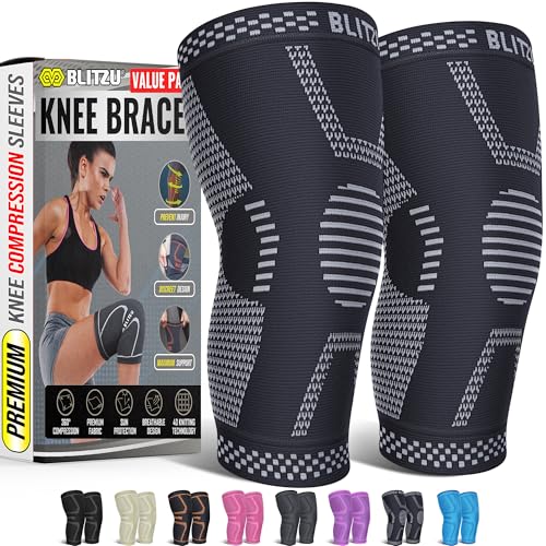 BLITZU Knee Brace for Meniscus Tear 2 Pack Knee Compression Sleeve for Men and Women Knee Support for Arthritis Swelling Inflammation ACL Pain Relief Running Workout Sports and Recovery Jet Black L - Image 2