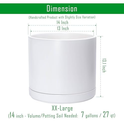 D'vine Dev 14 Inch Ceramic Planter Pot with Drainage Hole and Saucer, Indoor Cylinder Round Planter Pot, White, 94-O-G-1 - Image 3