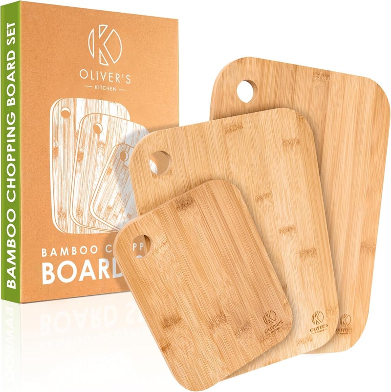 Olivers Kitchen  3 x Set of Wooden Chopping Boards  Different Sizes for Every Occasion  Beautifully Designed Durable  Hard Wearing  100 Natural Organic Bamboo Cutting Boards  Easy to Clean