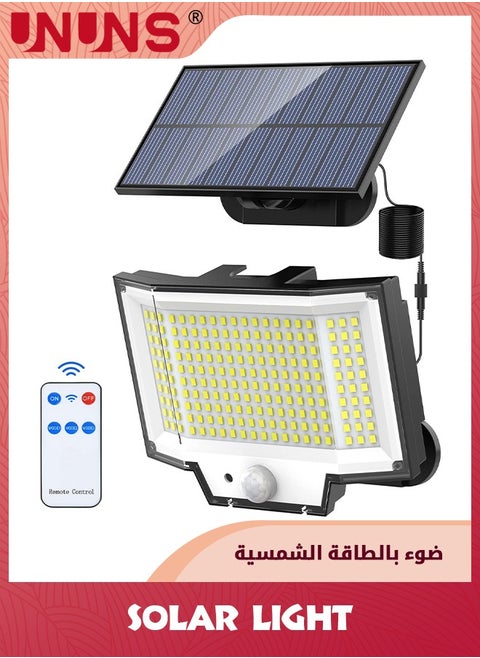 ضوء LED بالطاقة الشمسية، مستشعر حركة مقاوم للماء مع 200 مصباح LED ساطع، جهاز تحكم عن بعد، لوحة منفصلة، وضع الإضاءة من الغسق إلى الفجر، أضواء كاشفة تعمل بالطاقة الشمسية الآمنة لساحة الشرفة