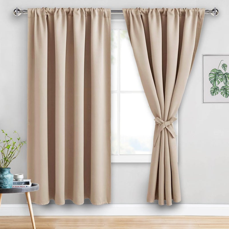 JIUZHEN Blackout Curtains for Bedroom - Thermal Insulated Room Darkening Rod Pocket Curtains for Living Room  Set of 2 Panels with Tiebacks  60 x 72 Inch Length  Beige - Image 1