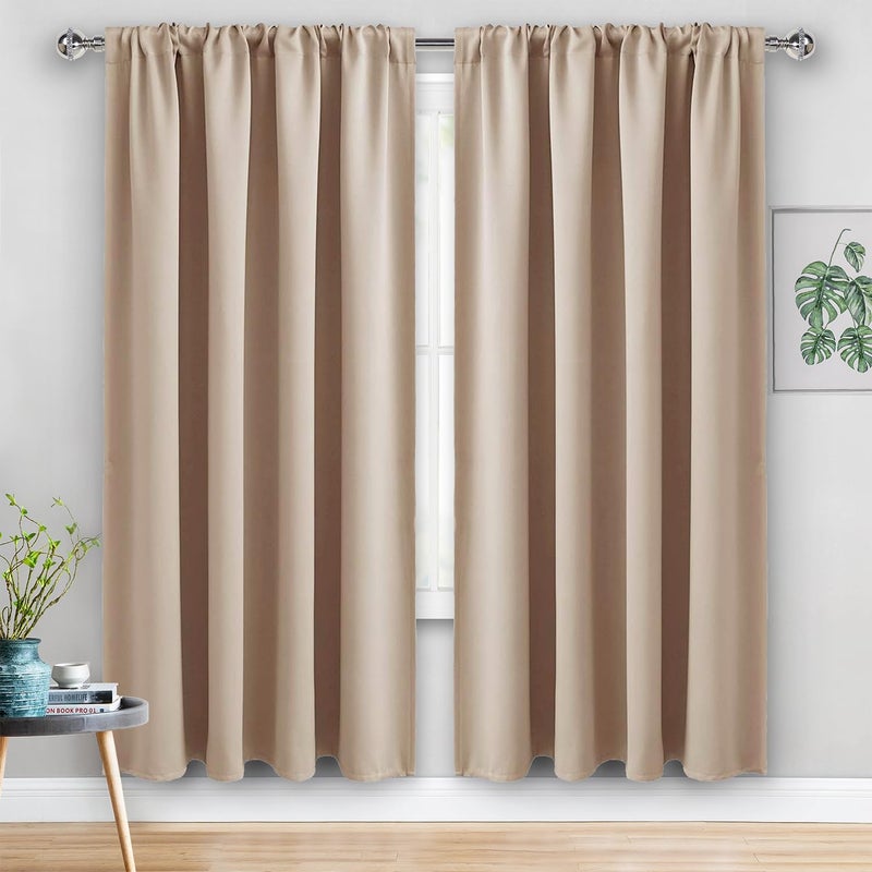 JIUZHEN Blackout Curtains for Bedroom - Thermal Insulated Room Darkening Rod Pocket Curtains for Living Room  Set of 2 Panels with Tiebacks  60 x 72 Inch Length  Beige - Image 2