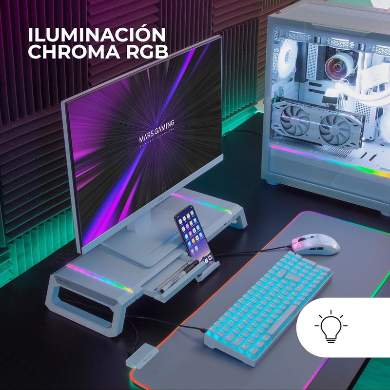 MARS GAMING MARSGAMING MGS-ONE White, Chroma RGB Monitor Stand, Adjustable Size, Smartphone and Tablet Stand, Front USB 2.0 - Image 2