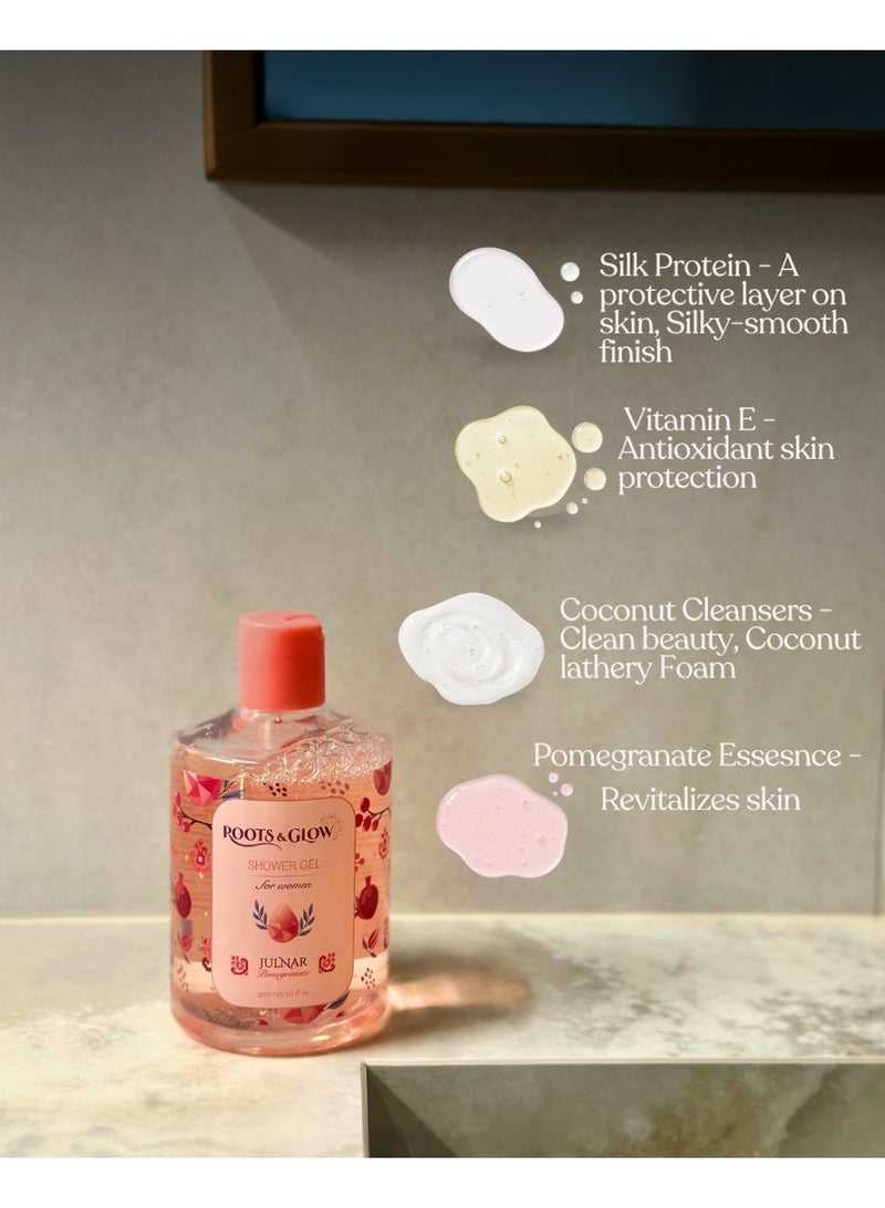 Roots & Glow Body Wash for Women – 300ml Pomegranate Shower Gel – Nourishing Deeply Hydrating Scented Body Wash – Clean Safe Formula, Non-Drying – Roots & Glow - Image 3