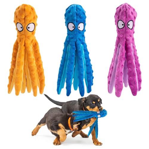 Alphatool Squeaky Dog Toys 3pcs No Stuffing Octopus Soft Plush Crinkle Toys to Keep Them Busy Interactive Essentials for Small Medium Pets Dogs Gifts BluePurpleOrange - Image 1