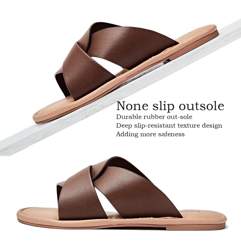 Luoika Women's Wide Width Flat Slides Sandals, Strapy Slide Sandal Slip on Dressy Summer Shoes for Women. Brown,210901,8XW - Image 3