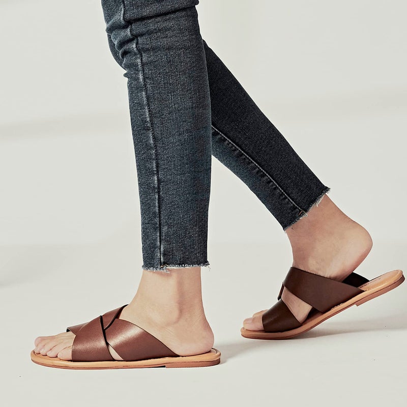Luoika Women's Wide Width Flat Slides Sandals, Strapy Slide Sandal Slip on Dressy Summer Shoes for Women. Brown,210901,8XW - Image 2