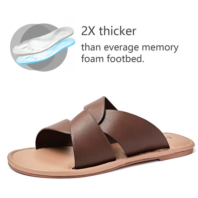 Luoika Women's Wide Width Flat Slides Sandals, Strapy Slide Sandal Slip on Dressy Summer Shoes for Women. Brown,210901,8XW - Image 5