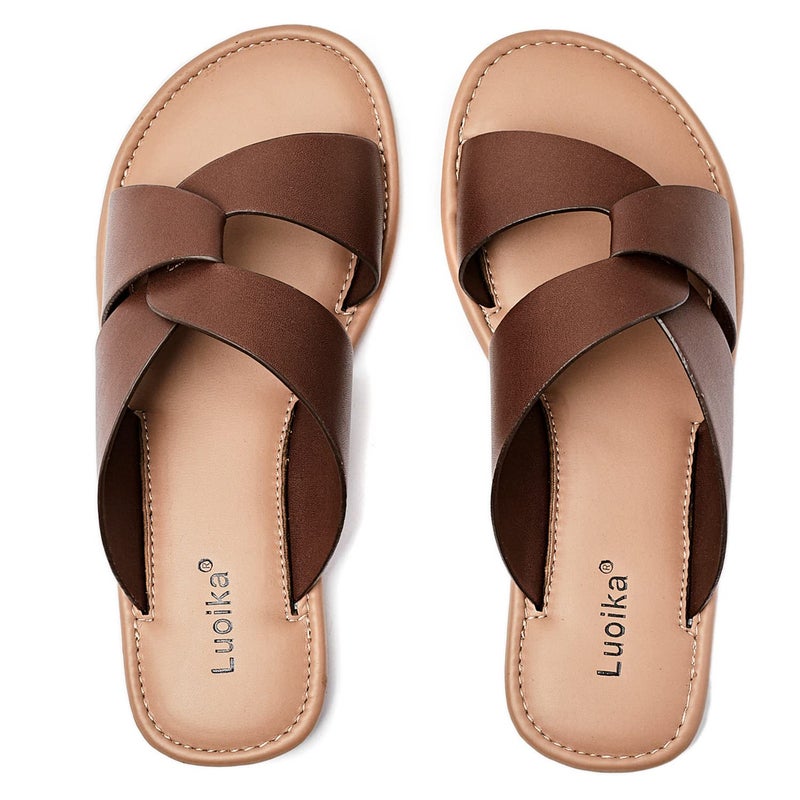 Luoika Women's Wide Width Flat Slides Sandals, Strapy Slide Sandal Slip on Dressy Summer Shoes for Women. Brown,210901,8XW - Image 1