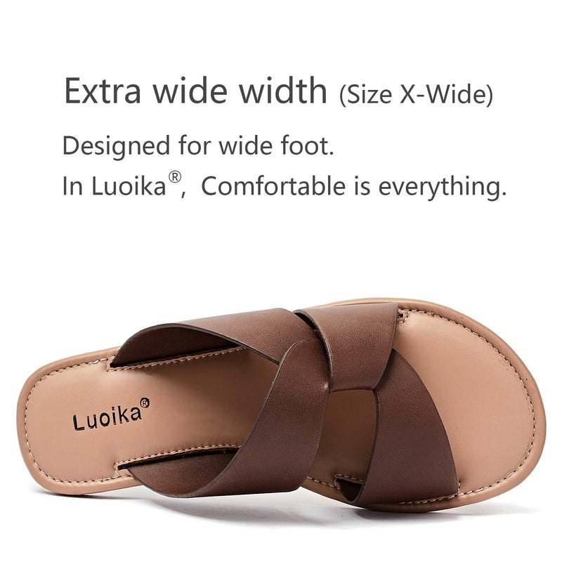 Luoika Women's Wide Width Flat Slides Sandals, Strapy Slide Sandal Slip on Dressy Summer Shoes for Women. Brown,210901,8XW - Image 4