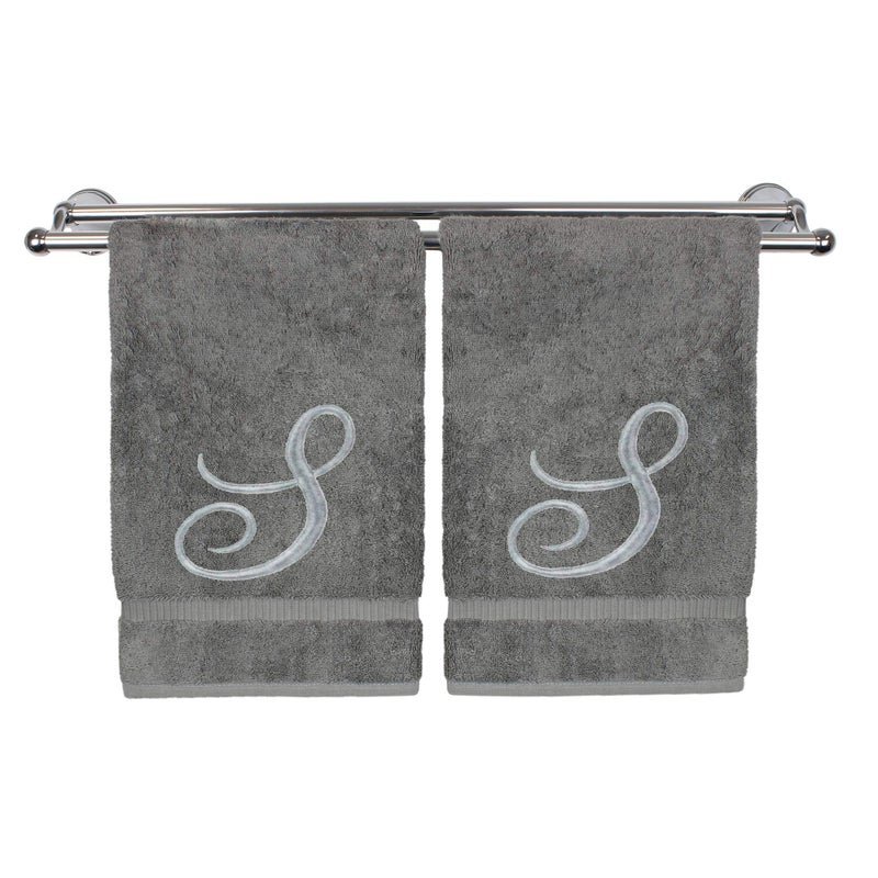 Monogrammed Hand Towel Personalized Gift 16 x 30 Inches  Set of 2  Silver Embroidered Towel  Extra Absorbent 100 Turkish Cotton Soft Terry Finish  for Bathroom Kitchen and Spa Script S Gray