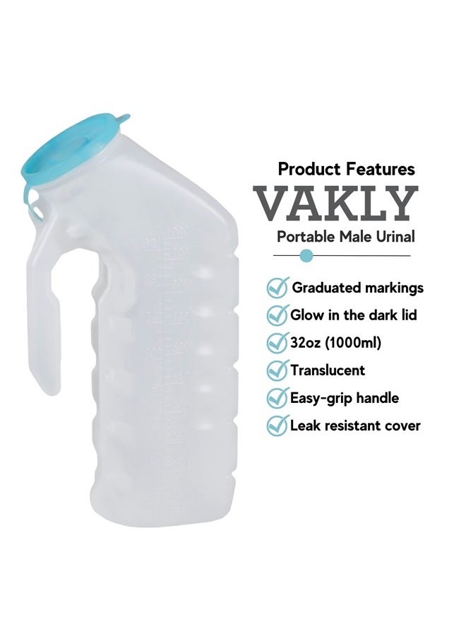 Vakly Male Urinal with Glow in The Dark Cover [32oz Pack of 2] Portable Pee Bottles for Men Used for Hospitals, Incontinence, Emergency and Travel (2)  - Image 2