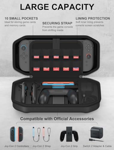 JUSPRO Carrying Case for Nintendo Switch 2, Hard Shell Travel Case with Large Storage for Console & Accessories - Image 3