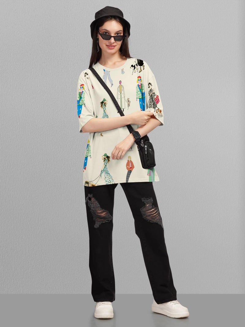 HELLCAT Women Cotton Blend Cream Trendy Printed Oversized T-Shirt, Medium - Image 5