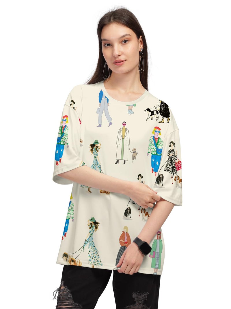 HELLCAT Women Cotton Blend Cream Trendy Printed Oversized T-Shirt, Medium - Image 1