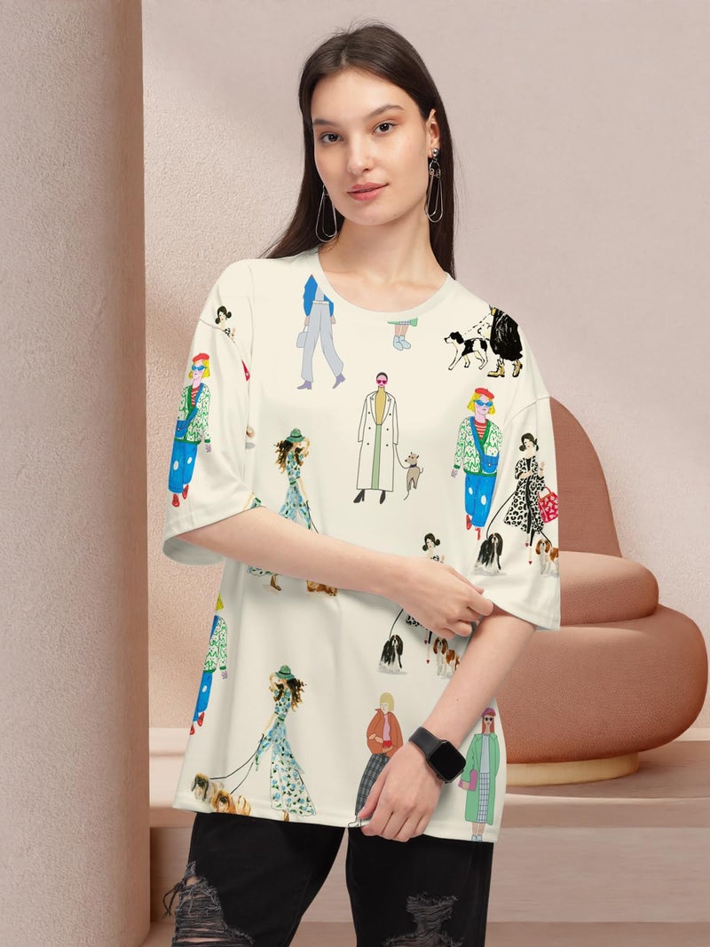 HELLCAT Women Cotton Blend Cream Trendy Printed Oversized T-Shirt, Medium - Image 2