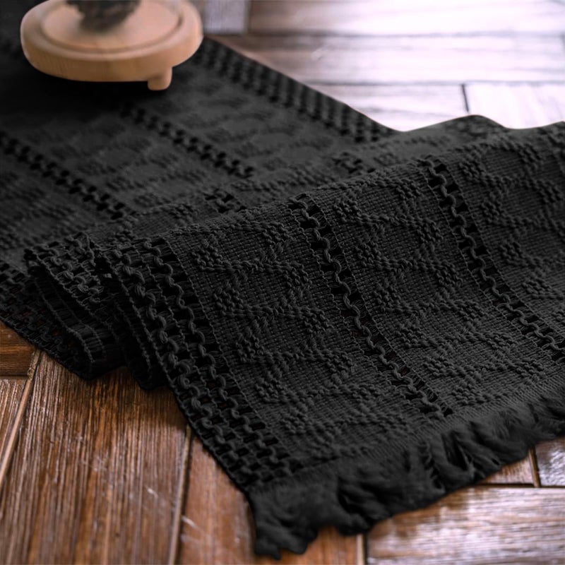 Alynsehom Macrame Table Runner Pure Black Boho Table Runners with Tassels Hand Woven Cotton Table Runner Rustic Farmhouse Table Runners for Bohemian Kitchen Dining Table(12x36in) - Image 1