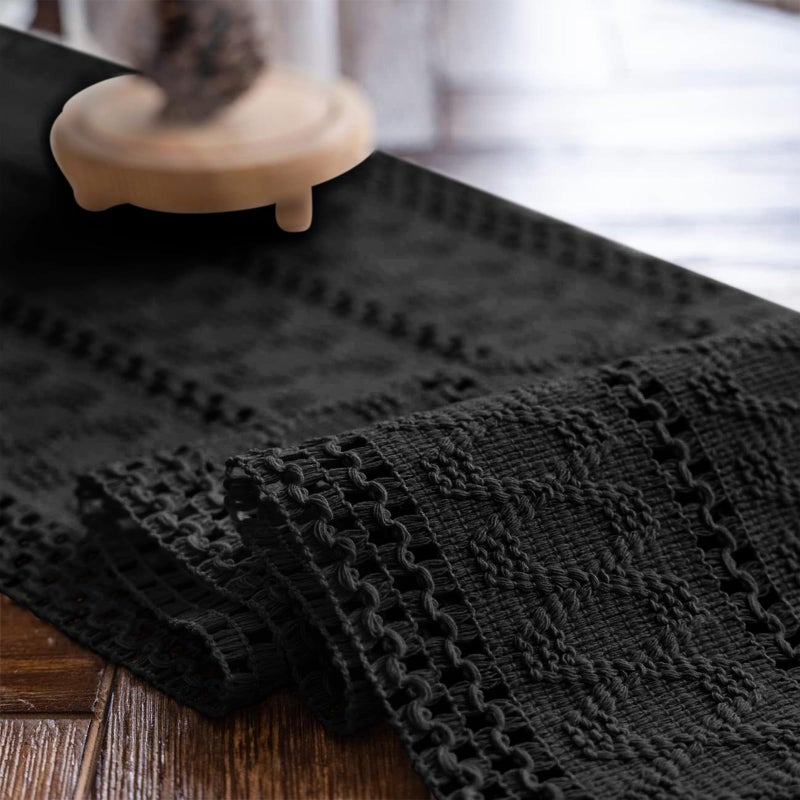 Alynsehom Macrame Table Runner Pure Black Boho Table Runners with Tassels Hand Woven Cotton Table Runner Rustic Farmhouse Table Runners for Bohemian Kitchen Dining Table(12x36in) - Image 5