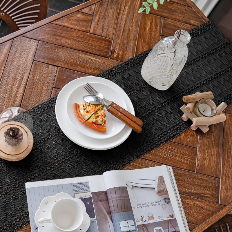 Alynsehom Macrame Table Runner Pure Black Boho Table Runners with Tassels Hand Woven Cotton Table Runner Rustic Farmhouse Table Runners for Bohemian Kitchen Dining Table(12x36in) - Image 2