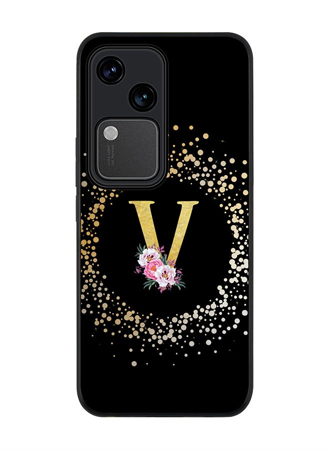 Stylizedd Rugged Black edge case for Vivo V30 5G, Slim fit Flexible Cover -  Custom Monogram Initial Letter Floral Pattern Alphabet - V ( Black ) - Image 1
