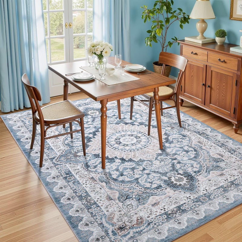 Macgace 5x7 Area Rug for Bedroom, Machine Washable Rugs with Non-Slip Backing for Living Room, Soft Vintage Carpet Kitchen Laundry Kids Room Decor, Blue & Beige - Image 3