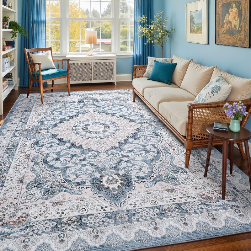 Macgace 5x7 Area Rug for Bedroom, Machine Washable Rugs with Non-Slip Backing for Living Room, Soft Vintage Carpet Kitchen Laundry Kids Room Decor, Blue & Beige - Image 2
