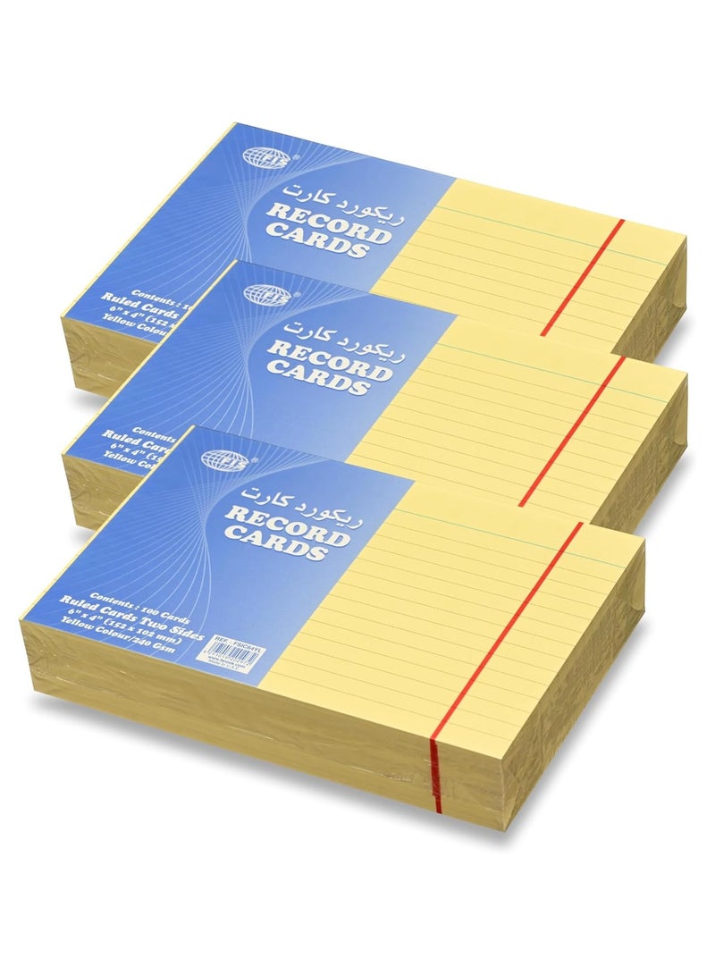 FIS® Ruled Record Cards or Index Cards, Size:6"x4" Inches (152x102mm), Two Sides Single Ruled, 240gsm, 100 Sheets Per Packet, Packet of 3 Pieces, Yellow Color-FSIC64YL-3 - Image 1