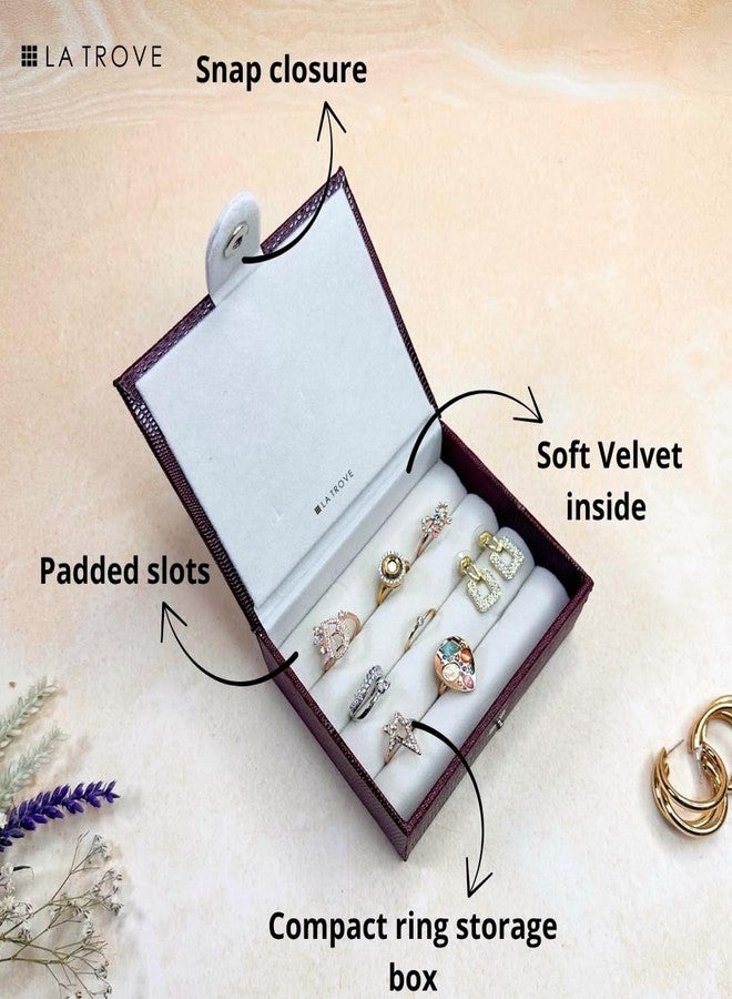 La Trove Small Jewelry Jewellery Box for Women, Compact Ring and Earring Organizer Case, Travel Storage Box with Velvet Lining for Rings Earrings Accessories, Maroon - Image 3