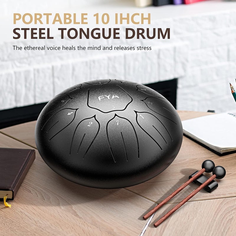 FYA 10 Inch Steel Tongue Drum 11 Notes D Major for Kids and Adults with Rubber Mallets, Finger Picks and Padded Travel Bag, Unique Gifts for Him or Her (Black-11 Note 10 Inch) - Image 5