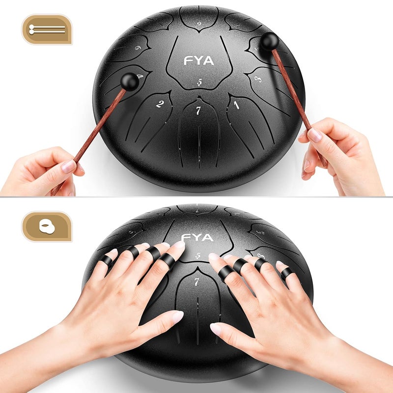 FYA 10 Inch Steel Tongue Drum 11 Notes D Major for Kids and Adults with Rubber Mallets, Finger Picks and Padded Travel Bag, Unique Gifts for Him or Her (Black-11 Note 10 Inch) - Image 4