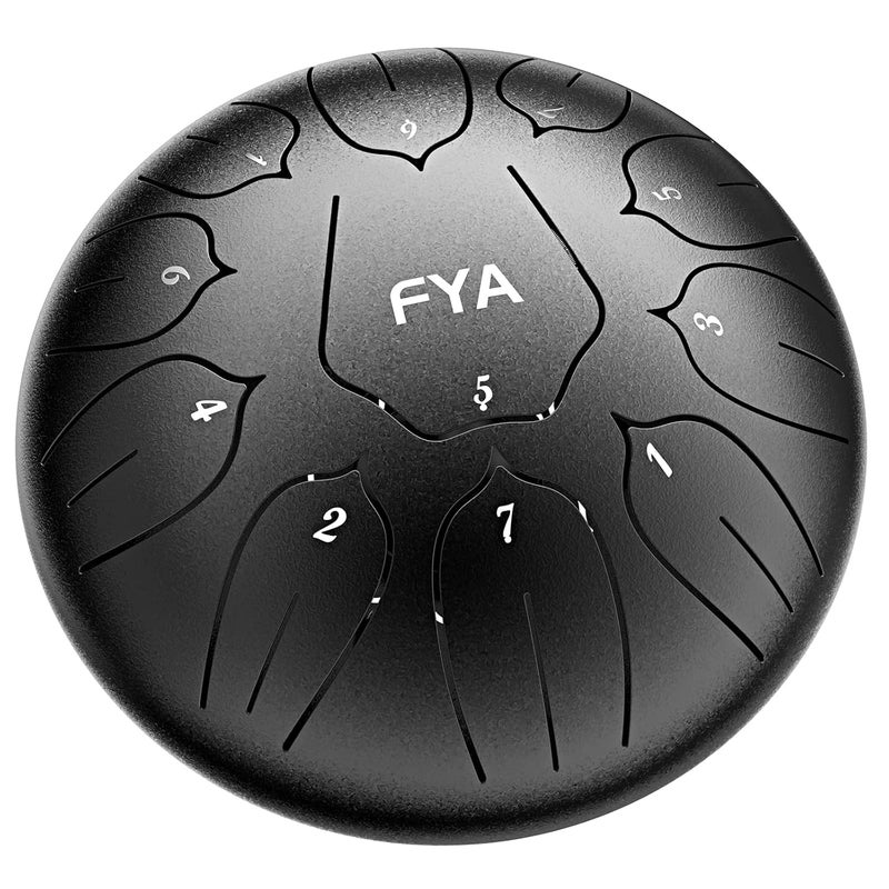 FYA 10 Inch Steel Tongue Drum 11 Notes D Major for Kids and Adults with Rubber Mallets, Finger Picks and Padded Travel Bag, Unique Gifts for Him or Her (Black-11 Note 10 Inch) - Image 1
