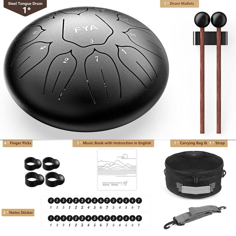 FYA 10 Inch Steel Tongue Drum 11 Notes D Major for Kids and Adults with Rubber Mallets, Finger Picks and Padded Travel Bag, Unique Gifts for Him or Her (Black-11 Note 10 Inch) - Image 2
