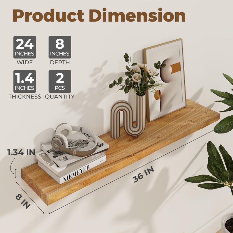Axeman 36 inch Floating Shelves for Wall - 8'' D Live Edge Rustic Solid Elm Wood Floating Shelves Wall Mounted, Wall Shelves with Invisible Bracket for Living Room Bedroom Kitchen, Set of 2 Natural - Image 3