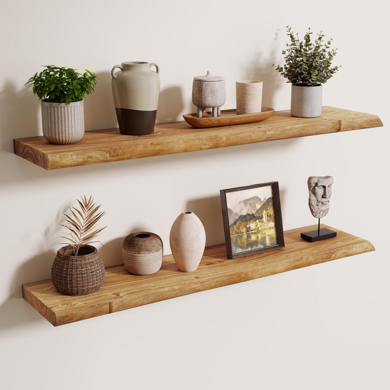 Axeman 36 inch Floating Shelves for Wall - 8'' D Live Edge Rustic Solid Elm Wood Floating Shelves Wall Mounted, Wall Shelves with Invisible Bracket for Living Room Bedroom Kitchen, Set of 2 Natural - Image 1