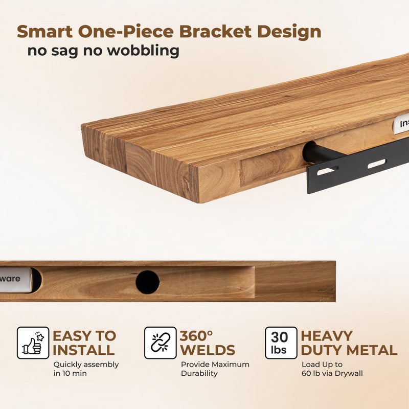 Axeman 36 inch Floating Shelves for Wall - 8'' D Live Edge Rustic Solid Elm Wood Floating Shelves Wall Mounted, Wall Shelves with Invisible Bracket for Living Room Bedroom Kitchen, Set of 2 Natural - Image 4
