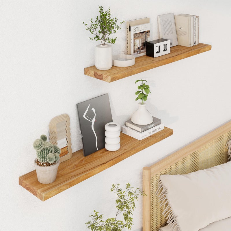 Axeman 36 inch Floating Shelves for Wall - 8'' D Live Edge Rustic Solid Elm Wood Floating Shelves Wall Mounted, Wall Shelves with Invisible Bracket for Living Room Bedroom Kitchen, Set of 2 Natural - Image 2