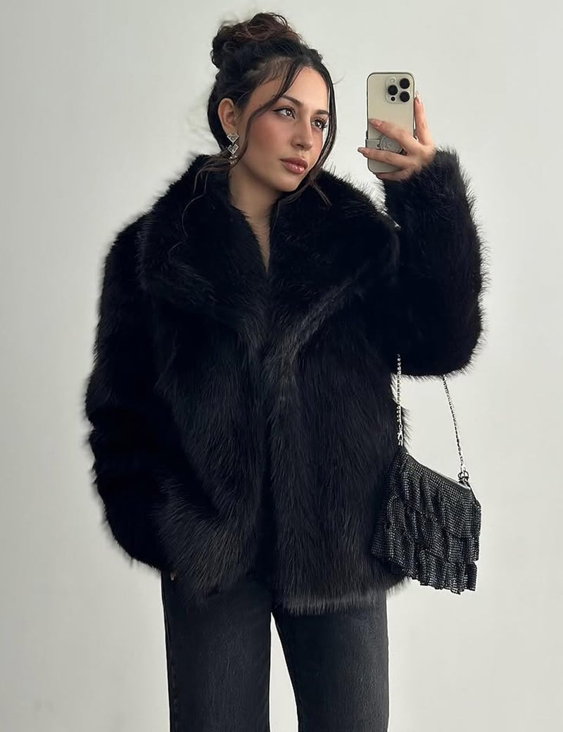 Flygo Women's Faux Fur Coat Fluffy Faux Fur Jacket Long Sleeve Lapel Furry Winter Jackets Shaggy Parka Short Coat(Black-XL) - Image 3