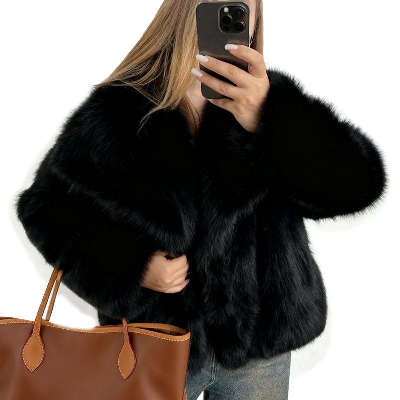 Flygo Women's Faux Fur Coat Fluffy Faux Fur Jacket Long Sleeve Lapel Furry Winter Jackets Shaggy Parka Short Coat(Black-XL) - Image 1