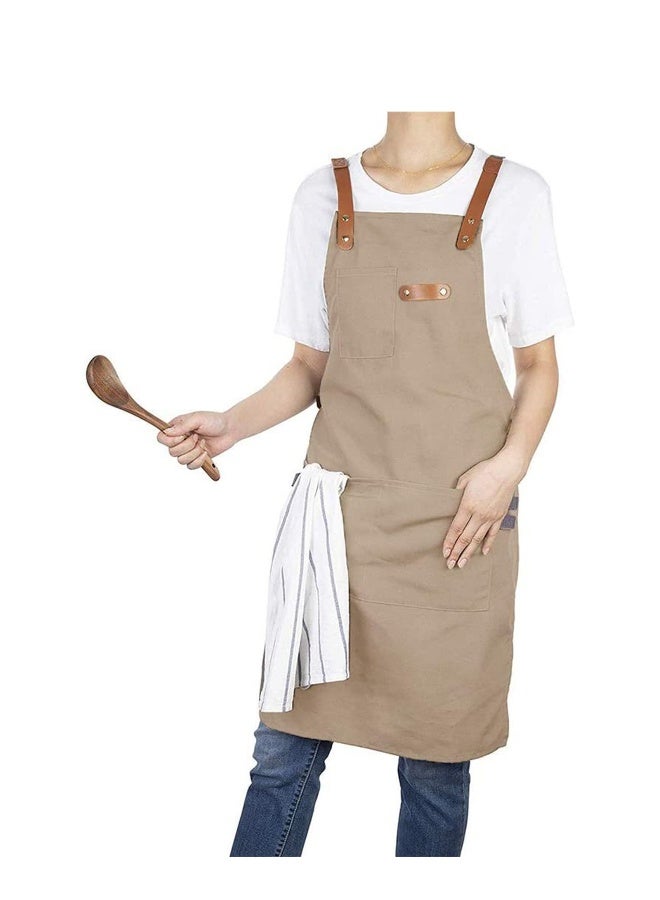 Kitchen Chef Cotton Canvas Apron Barber Works Shop Cooking Cross Back Aprons for Women Men with Pockets (Khaki) Gift for Birthday 's Day Thanksgiving - Image 1