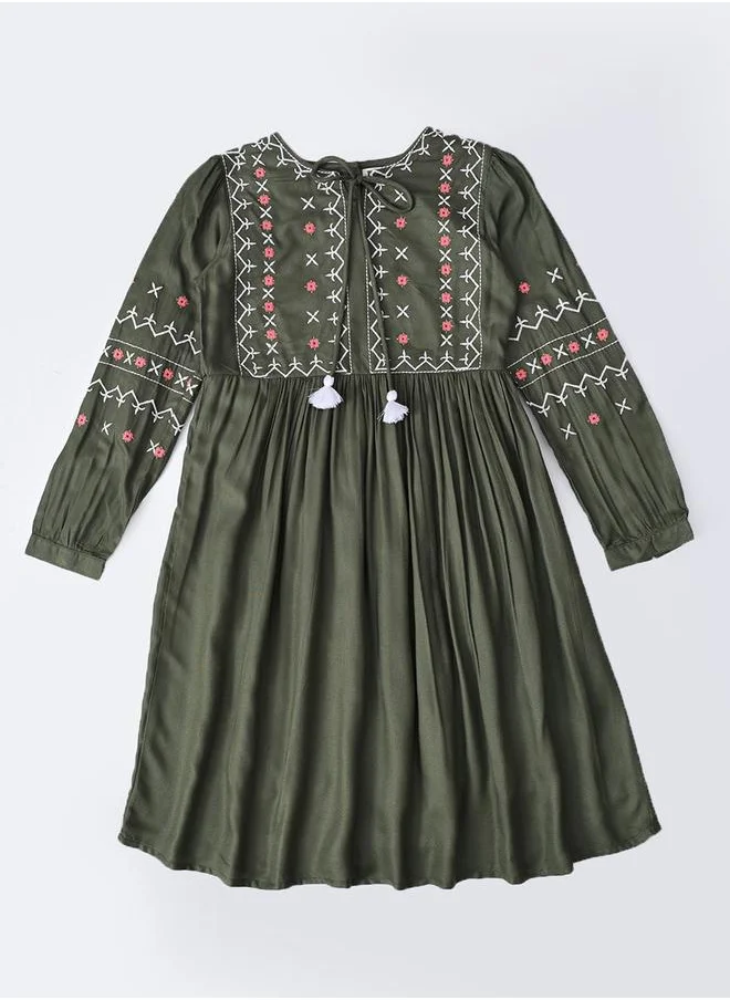 BELLA MODA Bella Moda Embroidered Tie-Up Neck Knee-Length Dress