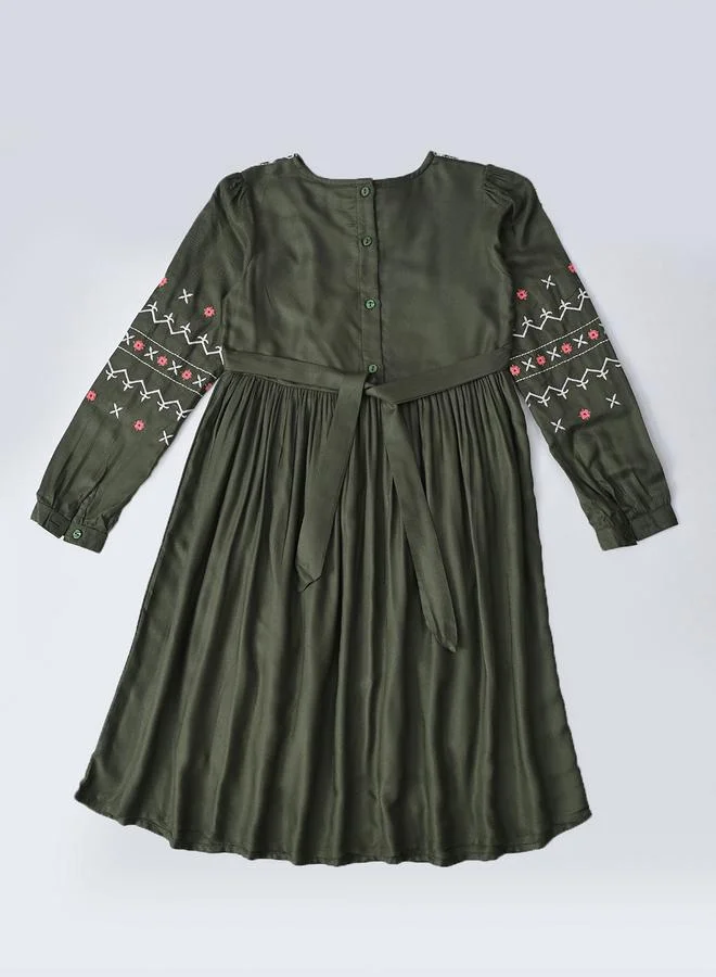 BELLA MODA Bella Moda Embroidered Tie-Up Neck Knee-Length Dress