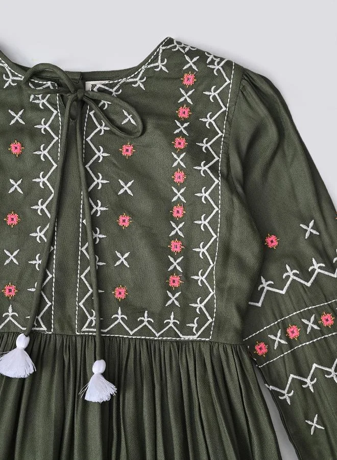 BELLA MODA Bella Moda Embroidered Tie-Up Neck Knee-Length Dress