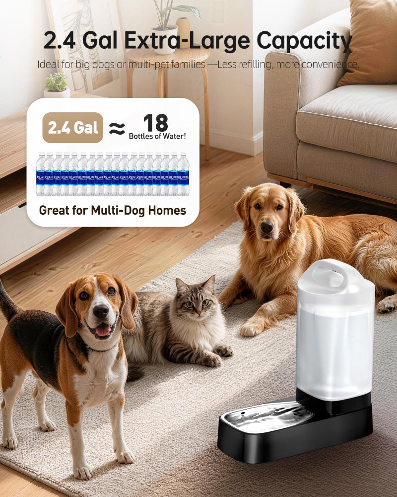 lesotc Automatic Dog Water Bowl Dispenser - 2.4 Gallon Gravity Pet Water Dispenser with 304 Stainless Steel Bowl, Dog Auto Feeders Bowls Self Waterer, Easy-Carry Handle for Large Dogs & Cats, Multi-Pet Home - Image 2