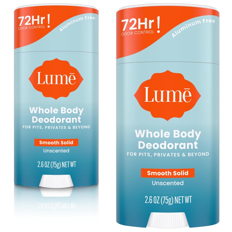 Lume Whole Body Deodorant  Smooth Solid Stick  72 Hour Odor Control  Aluminum Free Baking Soda Free and Skin Safe  26 Ounce Pack of 2 Unscented