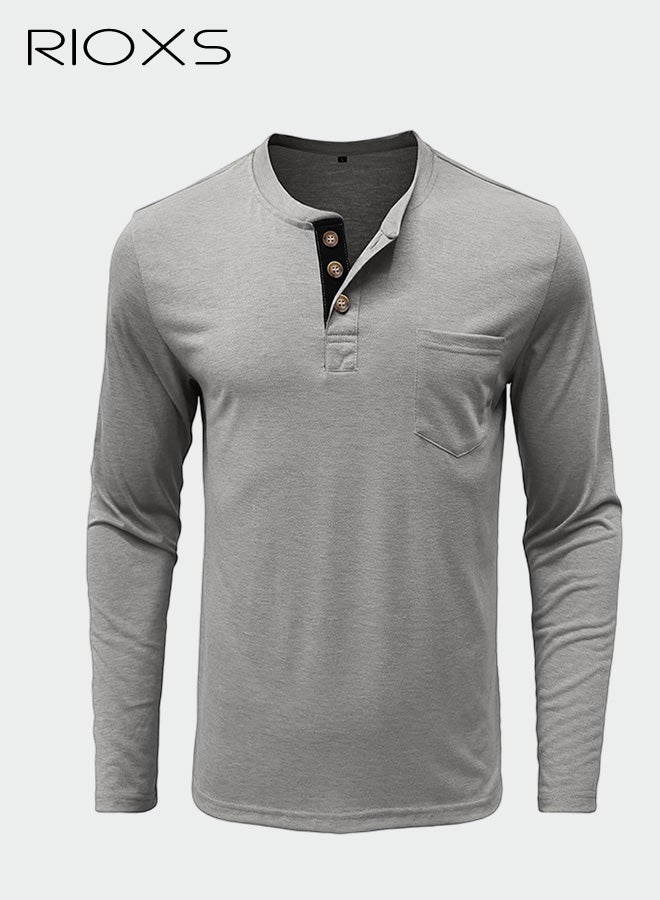 ريوكس قمصان هنلي رجالية، قميص قطني بأكمام طويلة وأزرار وجيب، قمصان جولف مريحة ومسامة للربيع والخريف للعمل والمكتب والارتداء اليومي - Image 3