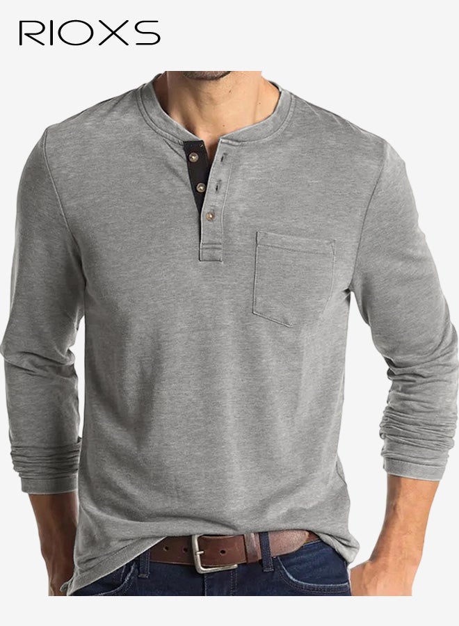 ريوكس قمصان هنلي رجالية، قميص قطني بأكمام طويلة وأزرار وجيب، قمصان جولف مريحة ومسامة للربيع والخريف للعمل والمكتب والارتداء اليومي - Image 1