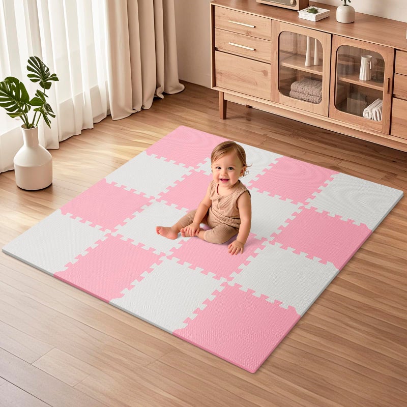 PIGLOG 16 Tiles Baby Play Mat for Floor, EVA Foam Baby Floor Play Mat with 0.6 Inch Thick Interlocking Foam Tiles, Foam Floor Tiles for Baby, Toddlers and Kids (Pink-White, 16PCS) - Image 1